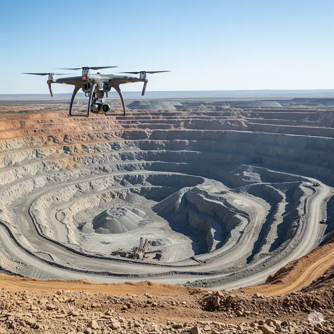Dron realizando un vuelo de mapeo sobre una mina a cielo abierto