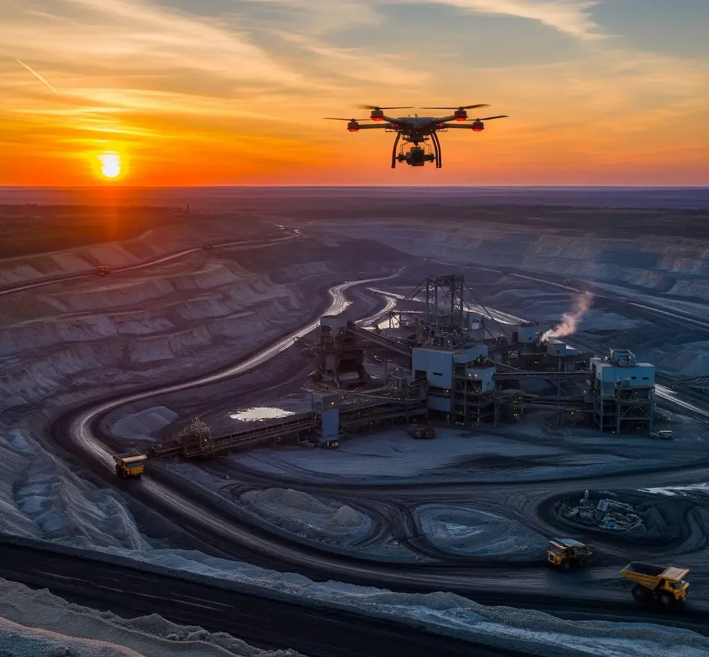 Dron profesional sobrevolando una operación minera para mapeo fotogramétrico
